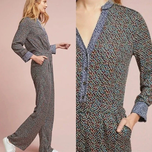 Anthropologie ett:twa Christene Silken Jumpsuit Long Sleeve Color Print Size 6